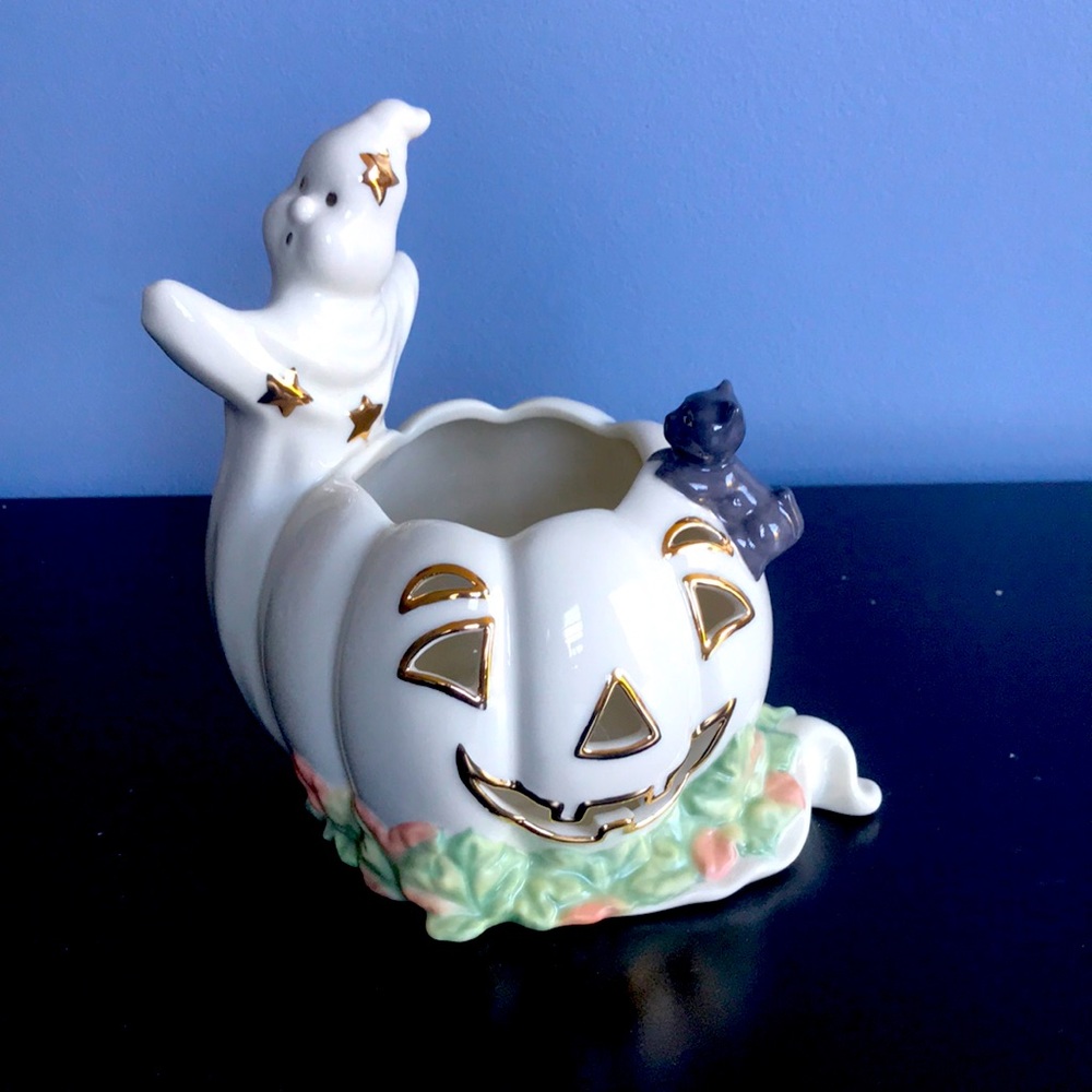 NWOB Lenox Occasions Ghost With Pumpkin & Black Cat Votive
